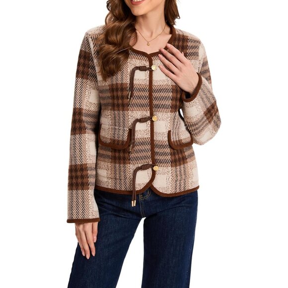 Women's Plaid Knit Cardigan Sweater Long Sleeve Pockets Casual Fall - Picture 6 of 7